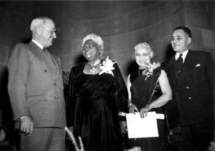 Mary McLeod Bethune pictured with President Harry S. Truman, Madame Vijaya Pandit, Dr. Ralph J. Bunche