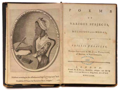 An engraving of Phillis Wheatley in her book, Poems on Various Subjects, Religious and Moral.